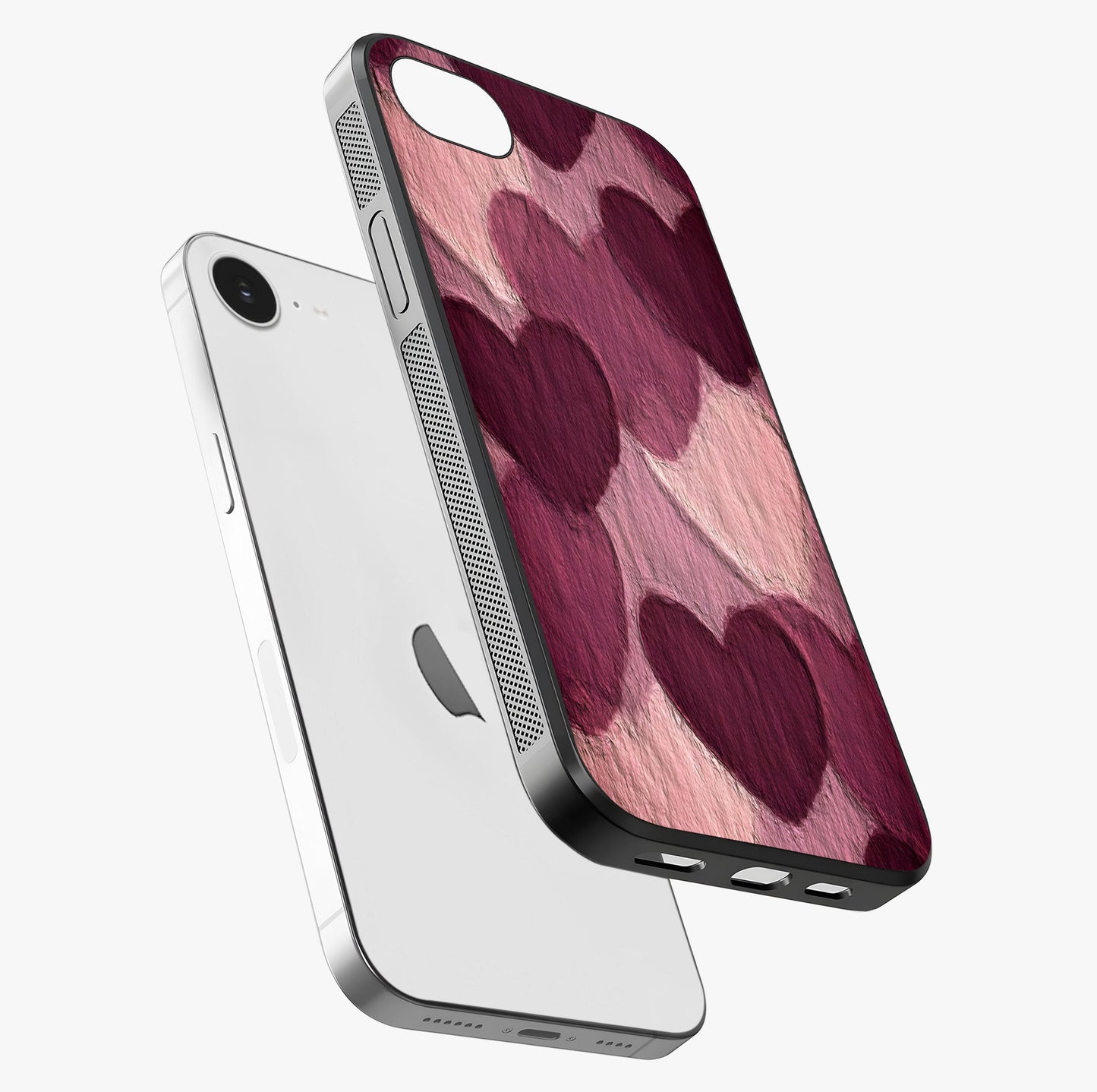 Layered Paper Hearts Glass Case laid diagonally highlighting side profile, edges and glossy glass shine.