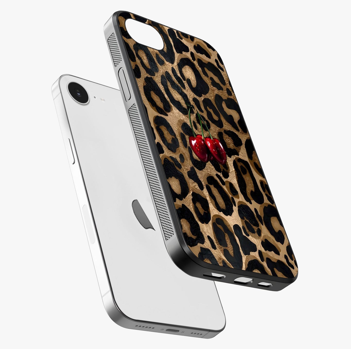 Leopard Wild Cherry Glass Case laid diagonally highlighting side profile, edges and glossy glass shine.