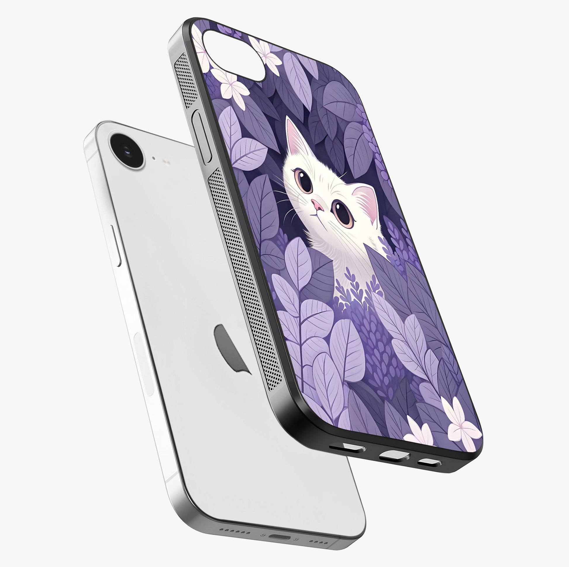 Lilac Hide Peek Cat Glass Case laid diagonally highlighting side profile, edges and glossy glass shine.