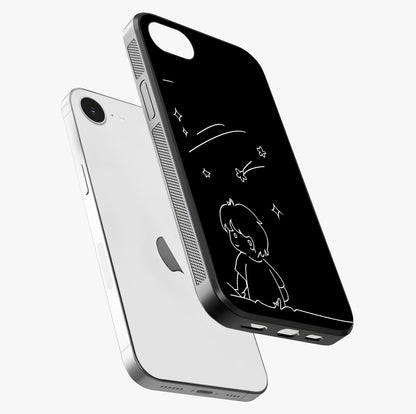 Line Art Boy With Shooting Stars Glass Case laid diagonally highlighting side profile, edges and glossy glass shine.