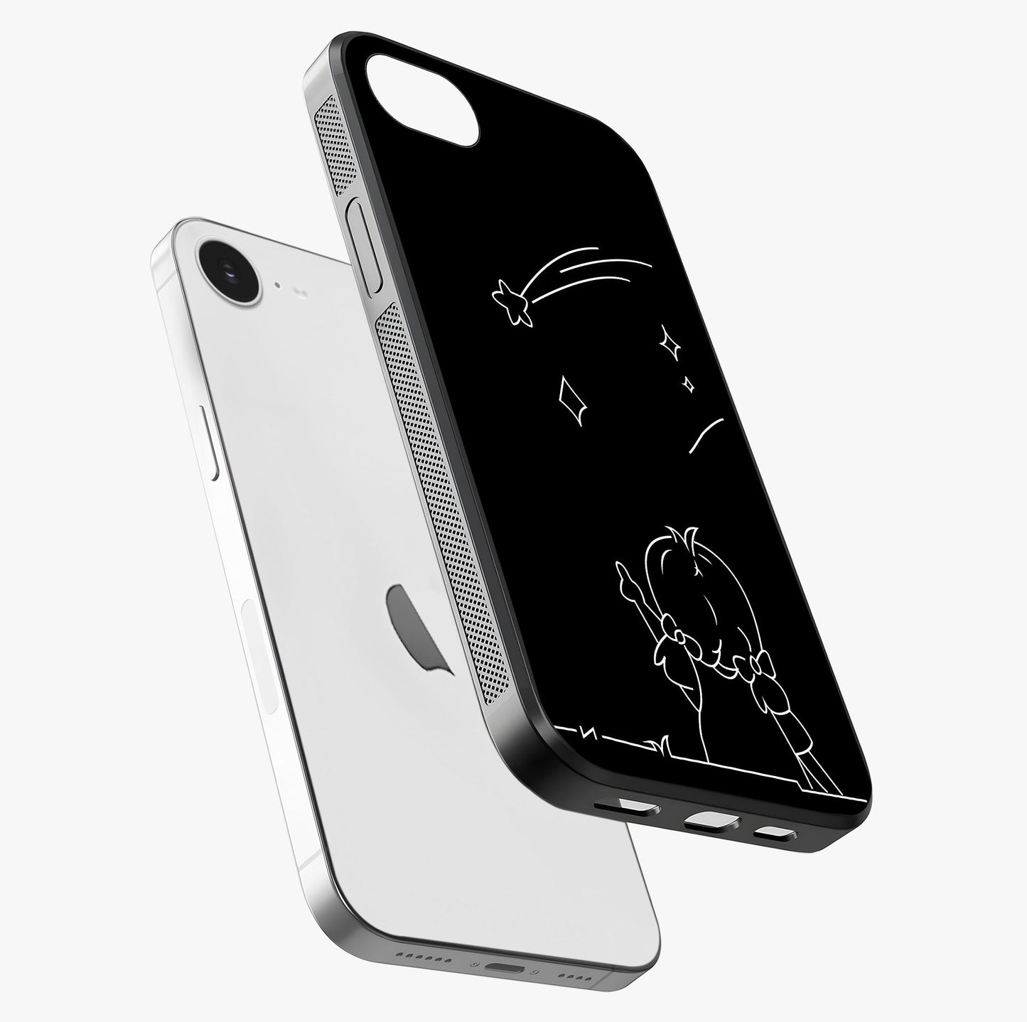 Line Art Girl With Shooting Stars Glass Case laid diagonally highlighting side profile, edges and glossy glass shine.
