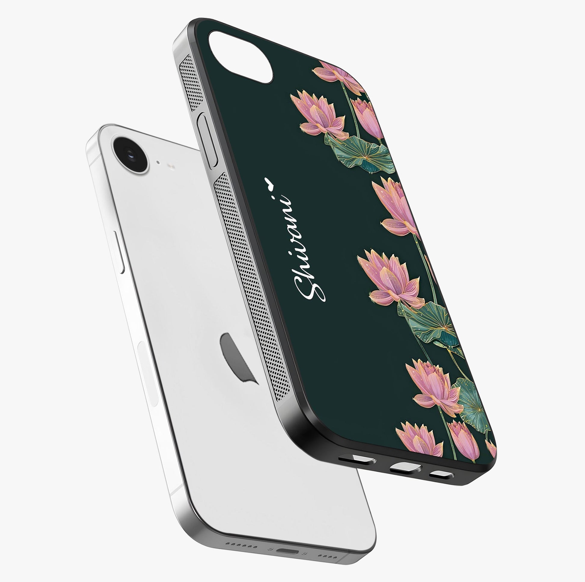 Lotus Bloom Serenity Custom Name Glass Case laid diagonally highlighting side profile, edges and glossy glass shine.