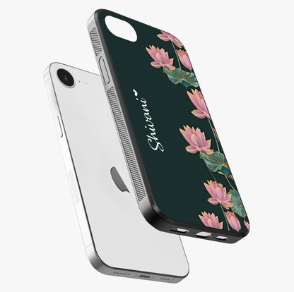 Lotus Bloom Serenity Custom Name Glass Case laid diagonally highlighting side profile, edges and glossy glass shine.