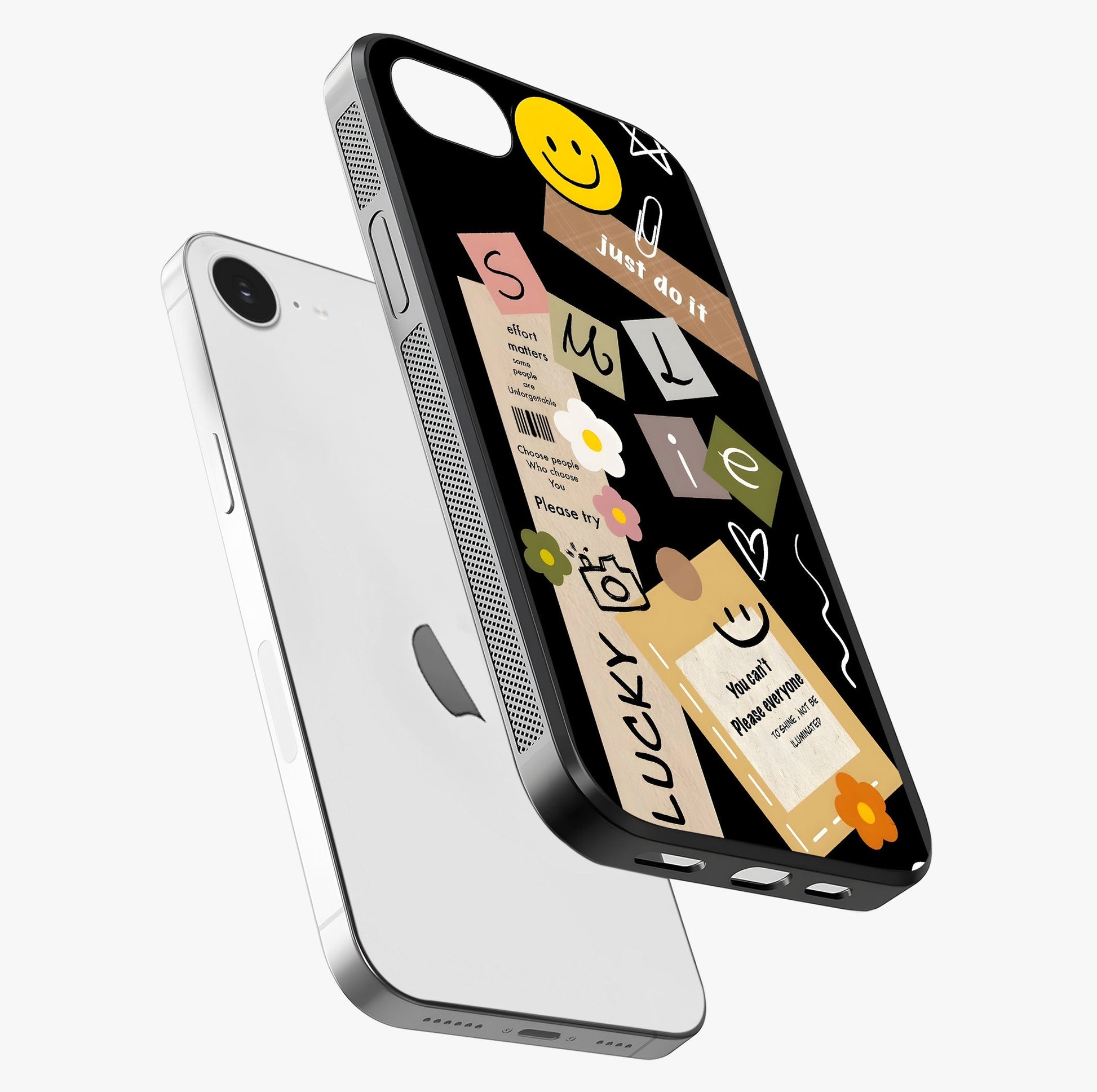 Lucky Aesthetic Collage Glass Case laid diagonally highlighting side profile, edges and glossy glass shine.
