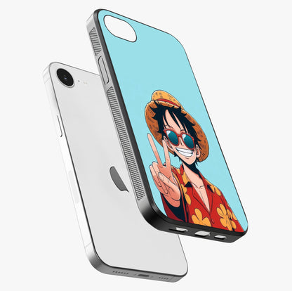Luffy Summer Anime Vibe Glass Case laid diagonally highlighting side profile, edges and glossy glass shine.
