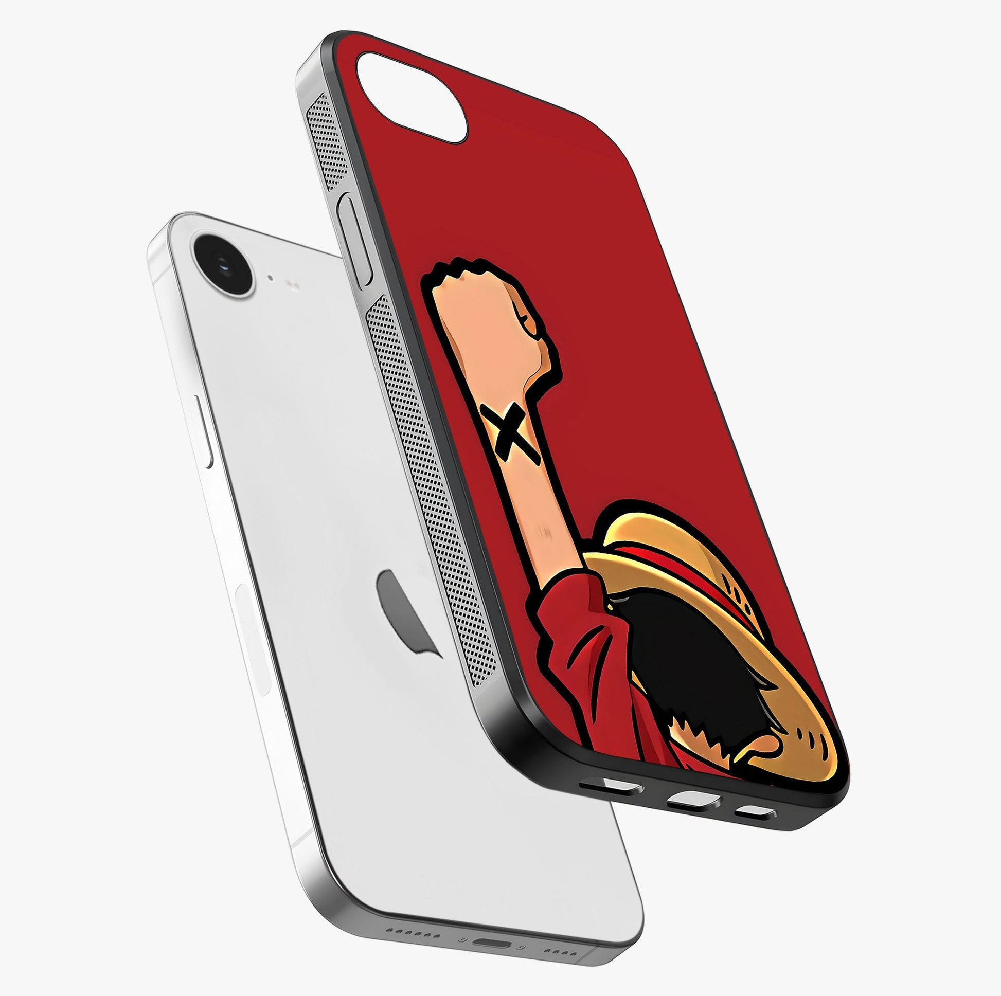 Luffy X Spirit Glass Case laid diagonally highlighting side profile, edges and glossy glass shine.