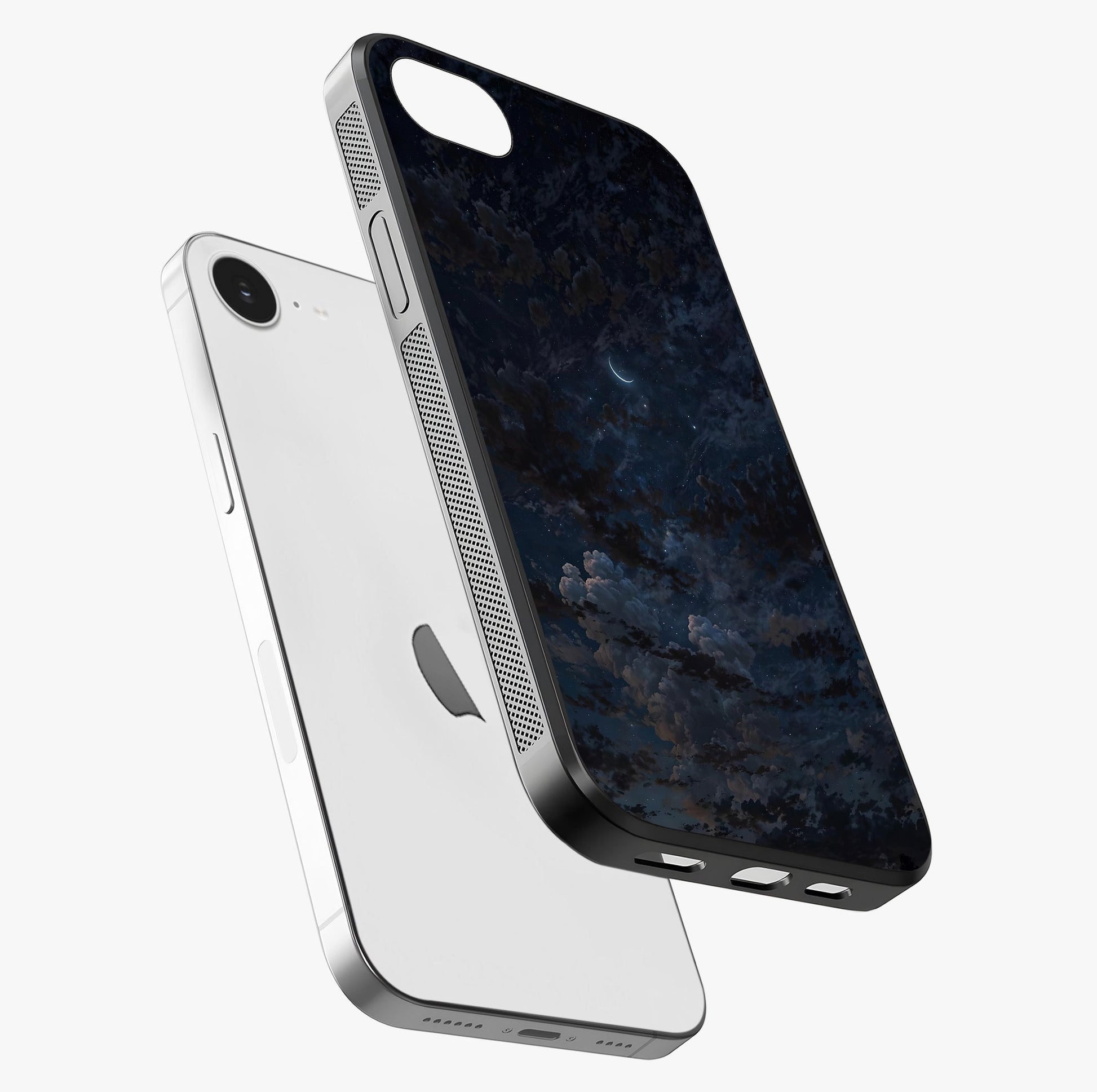 Lunar Veil Silence Glass Case laid diagonally highlighting side profile, edges and glossy glass shine.