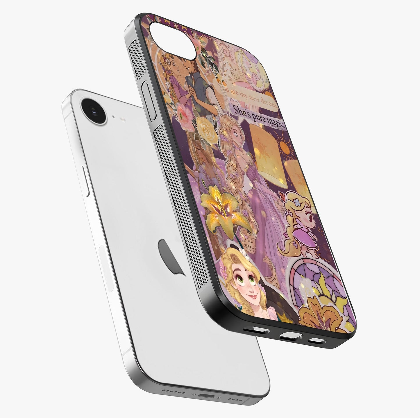 Magical Tangled Dream Glass Case laid diagonally highlighting side profile, edges and glossy glass shine.