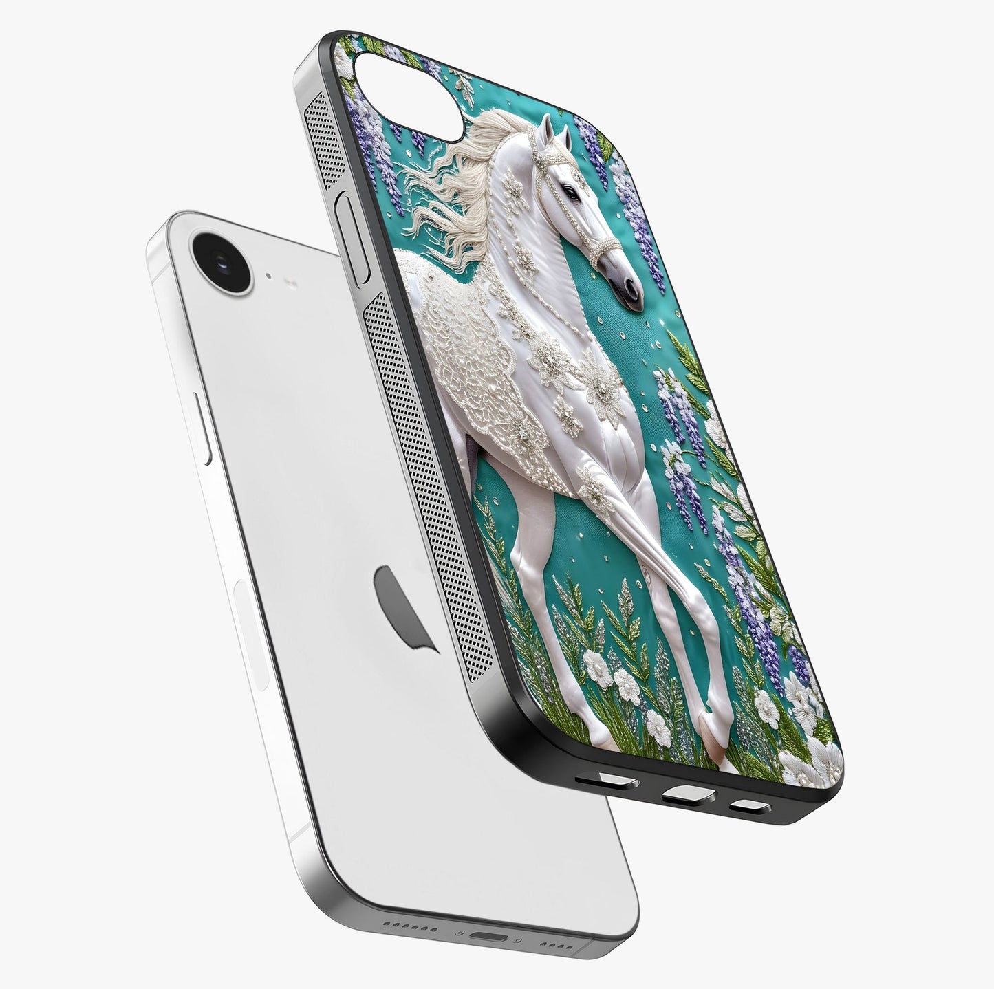 Majestic Floral Stallion Glass Case laid diagonally highlighting side profile, edges and glossy glass shine.