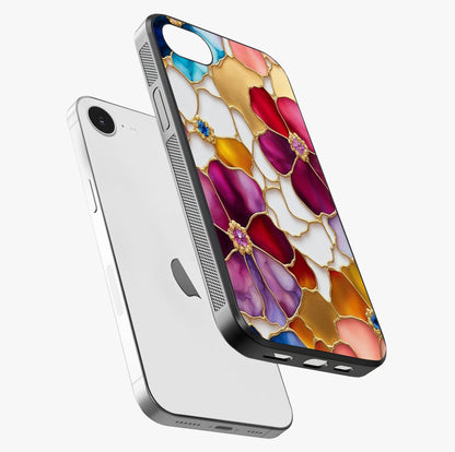 Marble Flower Pattern Glass Case laid diagonally highlighting side profile, edges and glossy glass shine.