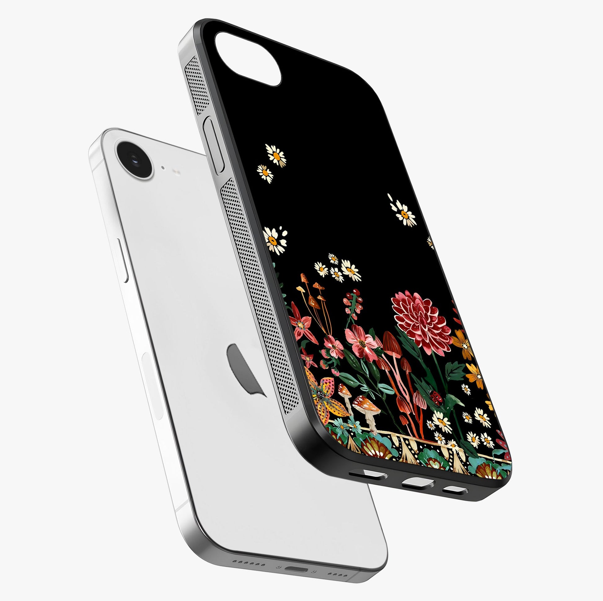 Midnight Bloom Pattern Glass Case laid diagonally highlighting side profile, edges and glossy glass shine.