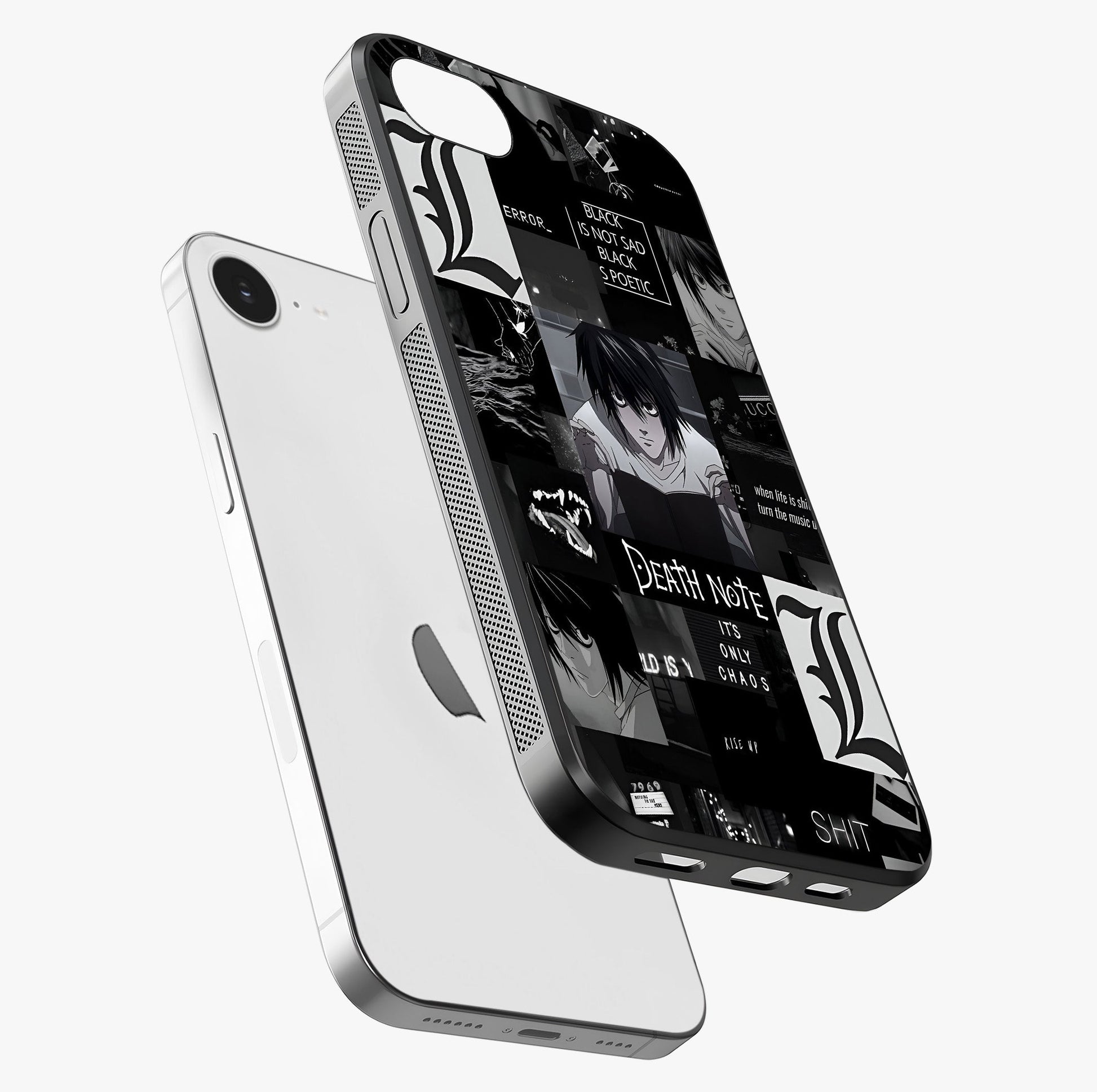Midnight Chaos Mind Glass Case laid diagonally highlighting side profile, edges and glossy glass shine.