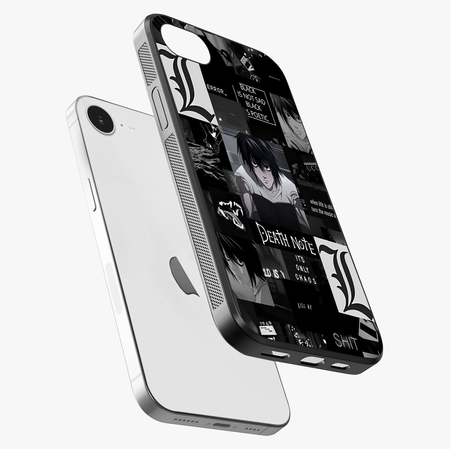 Midnight Chaos Mind Glass Case laid diagonally highlighting side profile, edges and glossy glass shine.