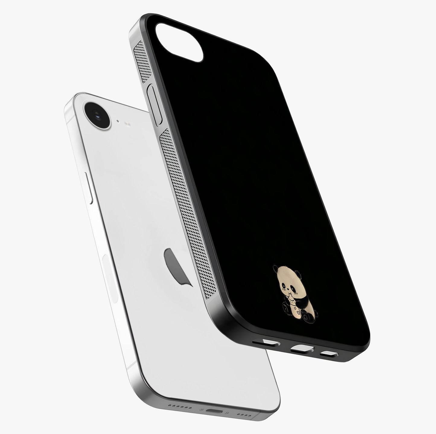 Midnight Panda Love Glass Case laid diagonally highlighting side profile, edges and glossy glass shine.