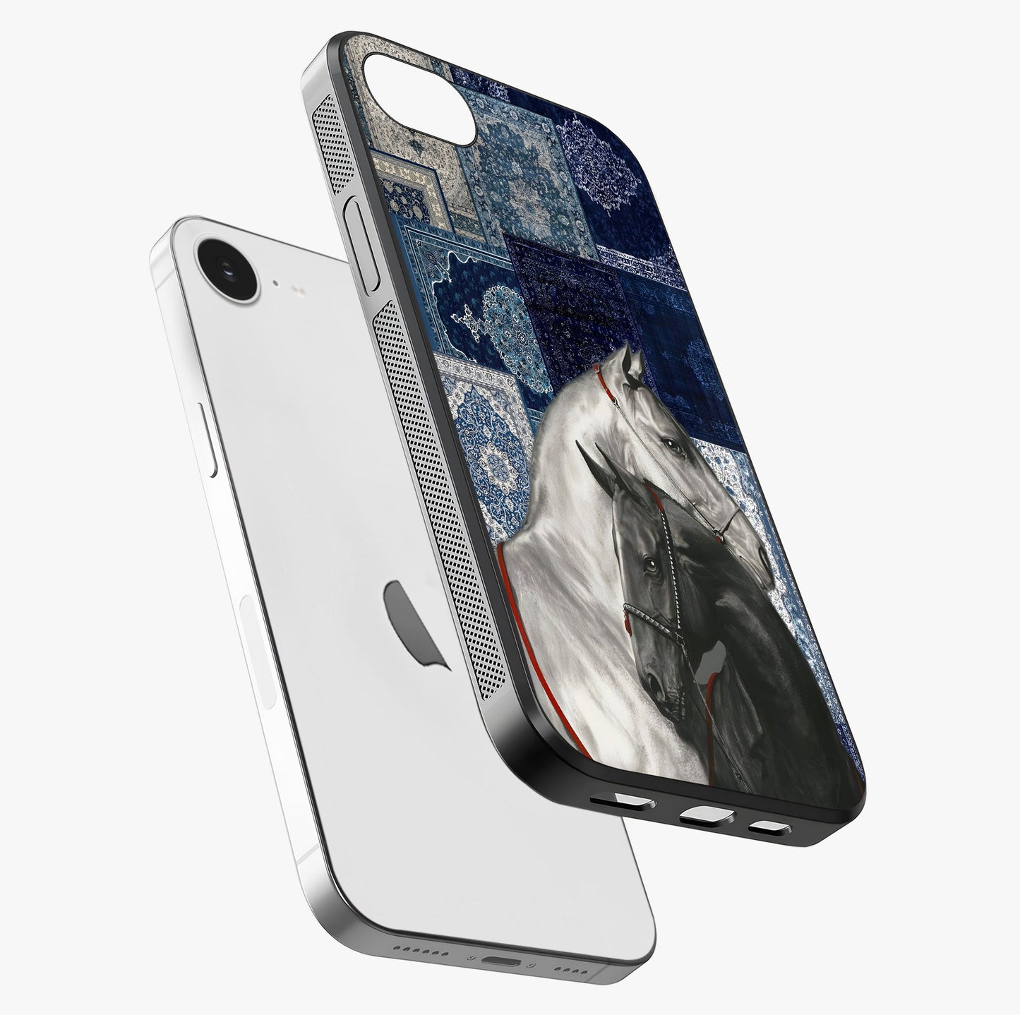 Midnight Stallion Blues Glass Case laid diagonally highlighting side profile, edges and glossy glass shine.