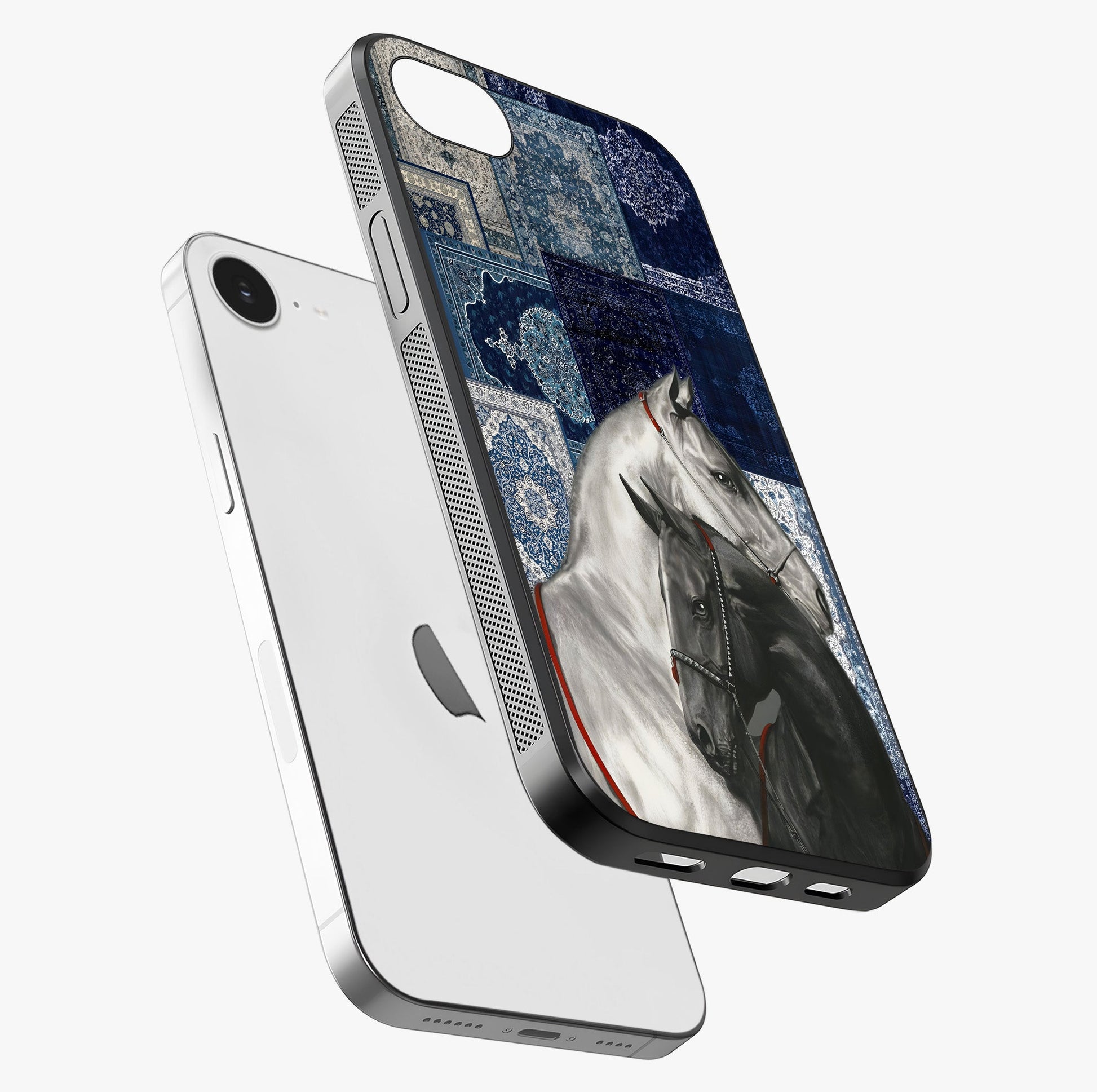 Midnight Stallion Blues Glass Case laid diagonally highlighting side profile, edges and glossy glass shine.