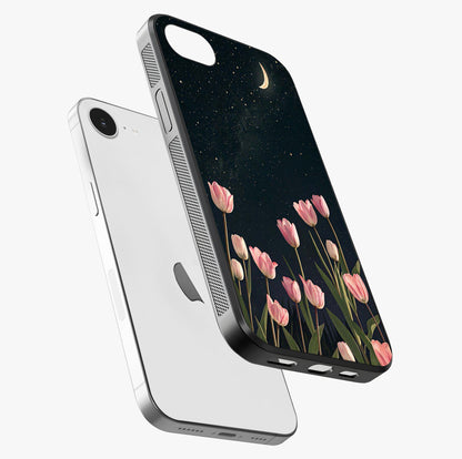 Midnight Tulip Whispers Vibe Glass Case laid diagonally highlighting side profile, edges and glossy glass shine.