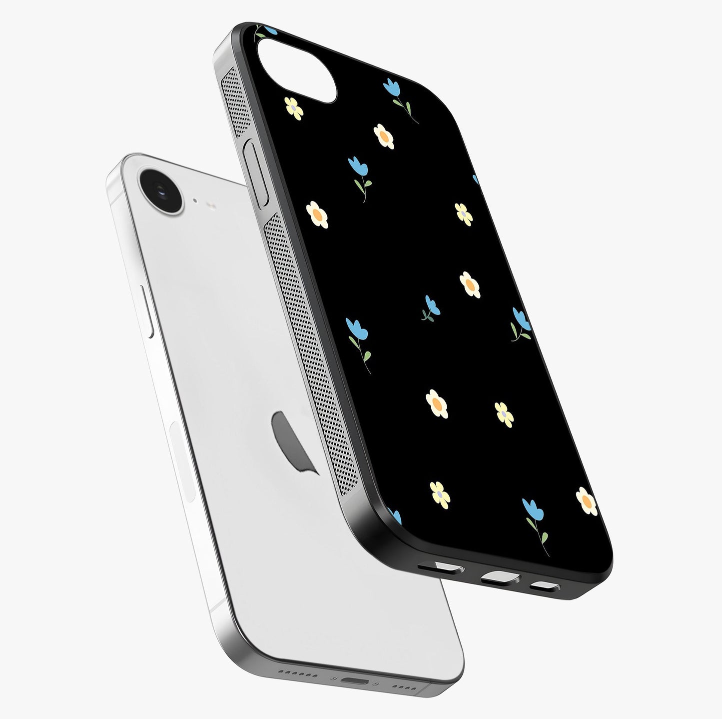 Minimalistic Blue With White Flower Pattern Glass Case laid diagonally highlighting side profile, edges and glossy glass shine.