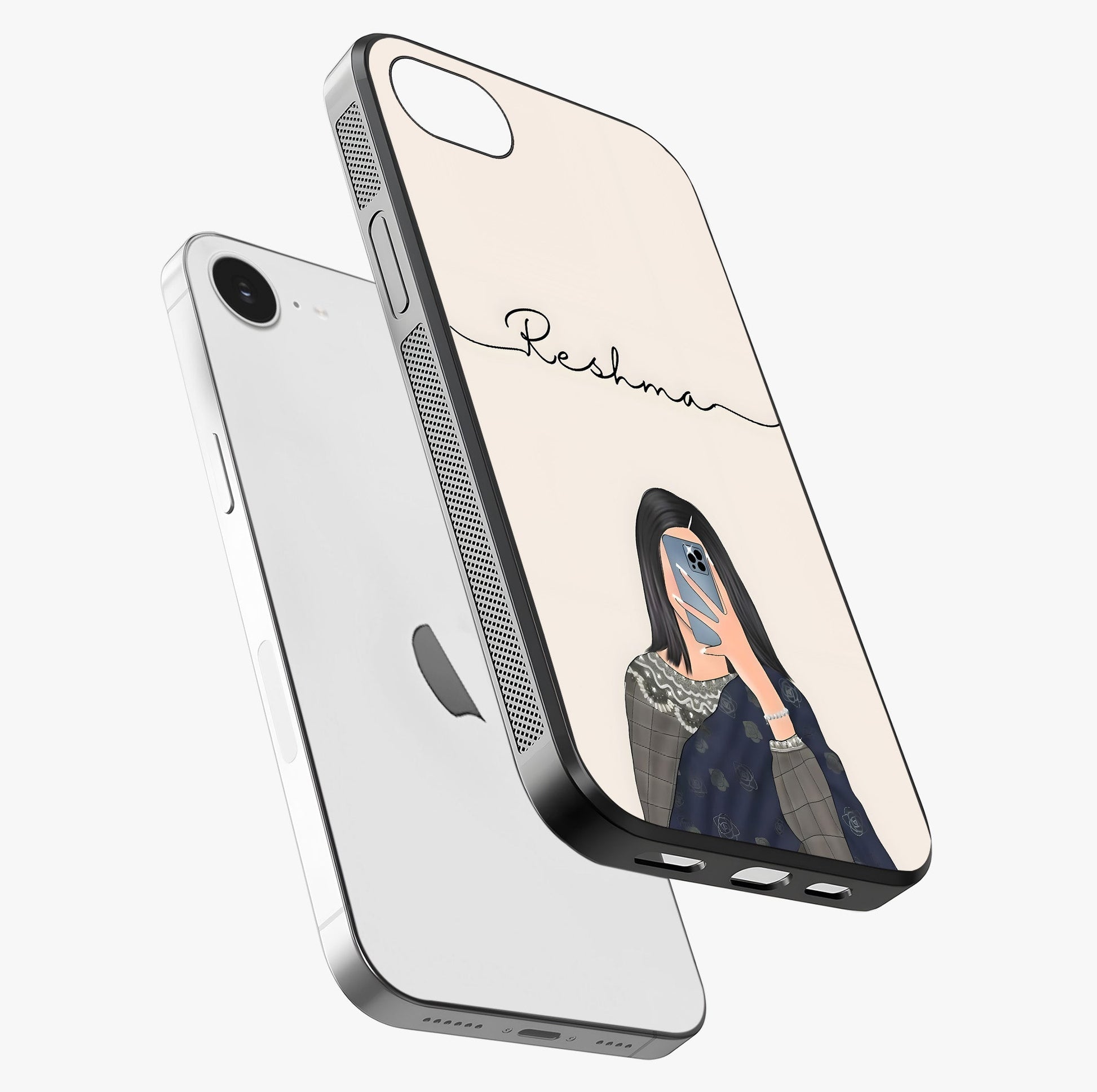 Mirror Mood Muse With Custom Name Glass Case laid diagonally highlighting side profile, edges and glossy glass shine.