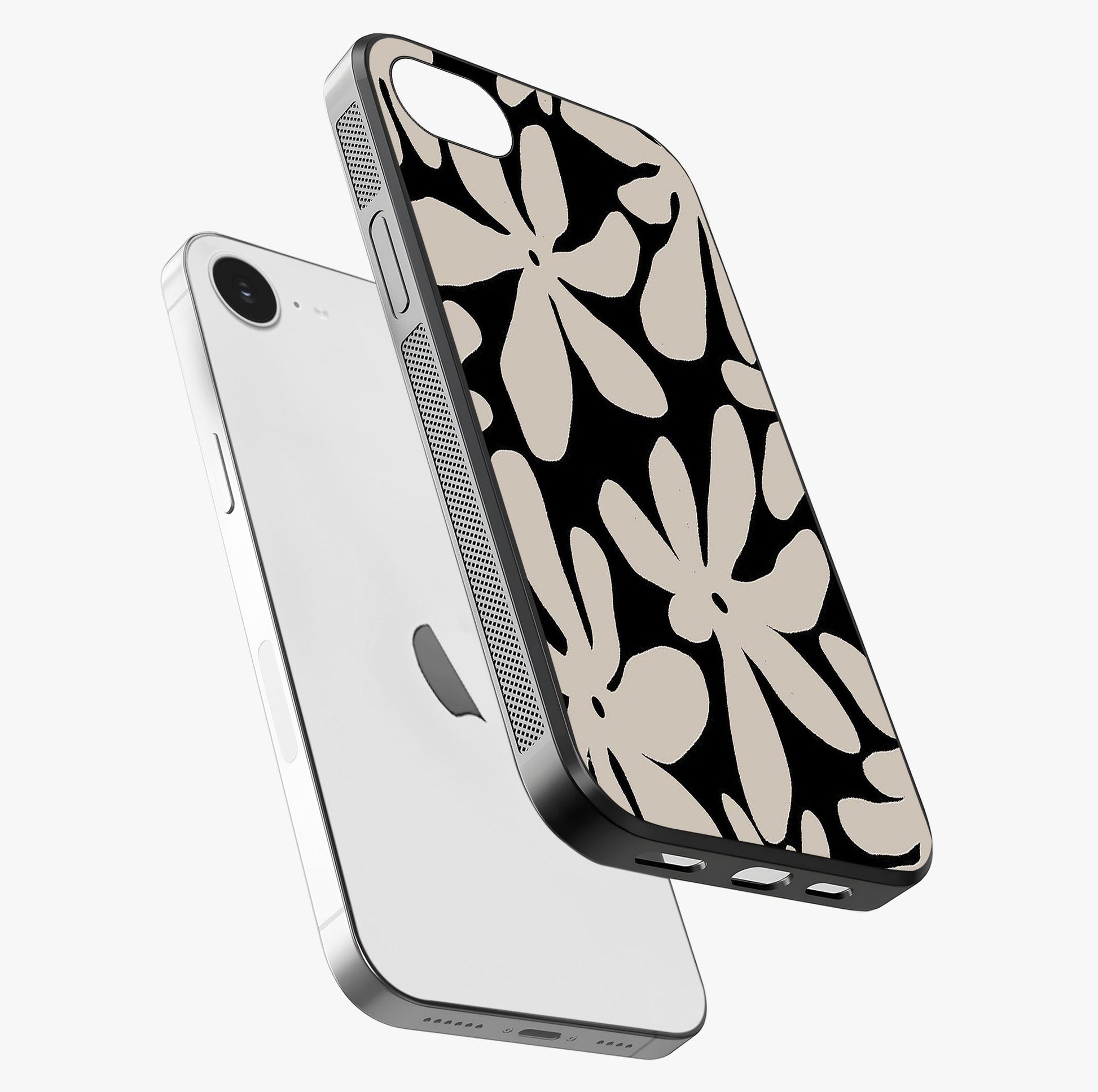 Monochrome Petal Dance Glass Case laid diagonally highlighting side profile, edges and glossy glass shine.