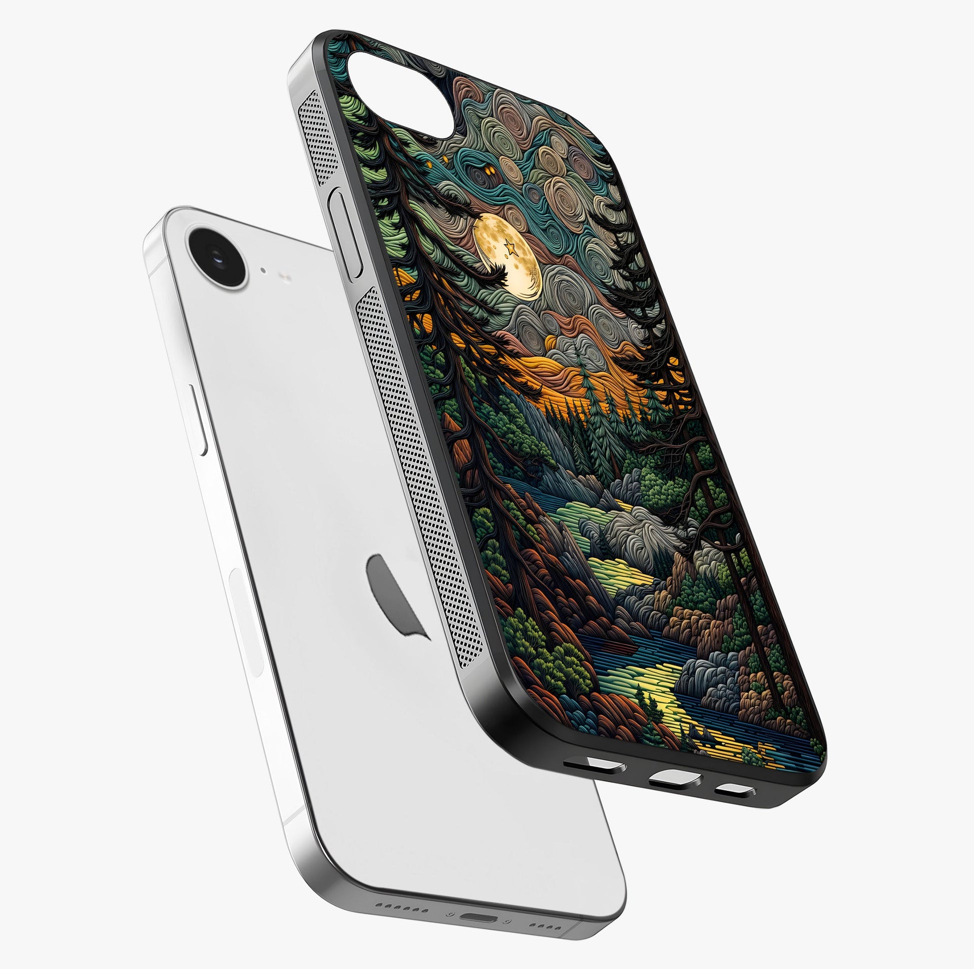 Moonlight Forest Dream Glass Case laid diagonally highlighting side profile, edges and glossy glass shine.