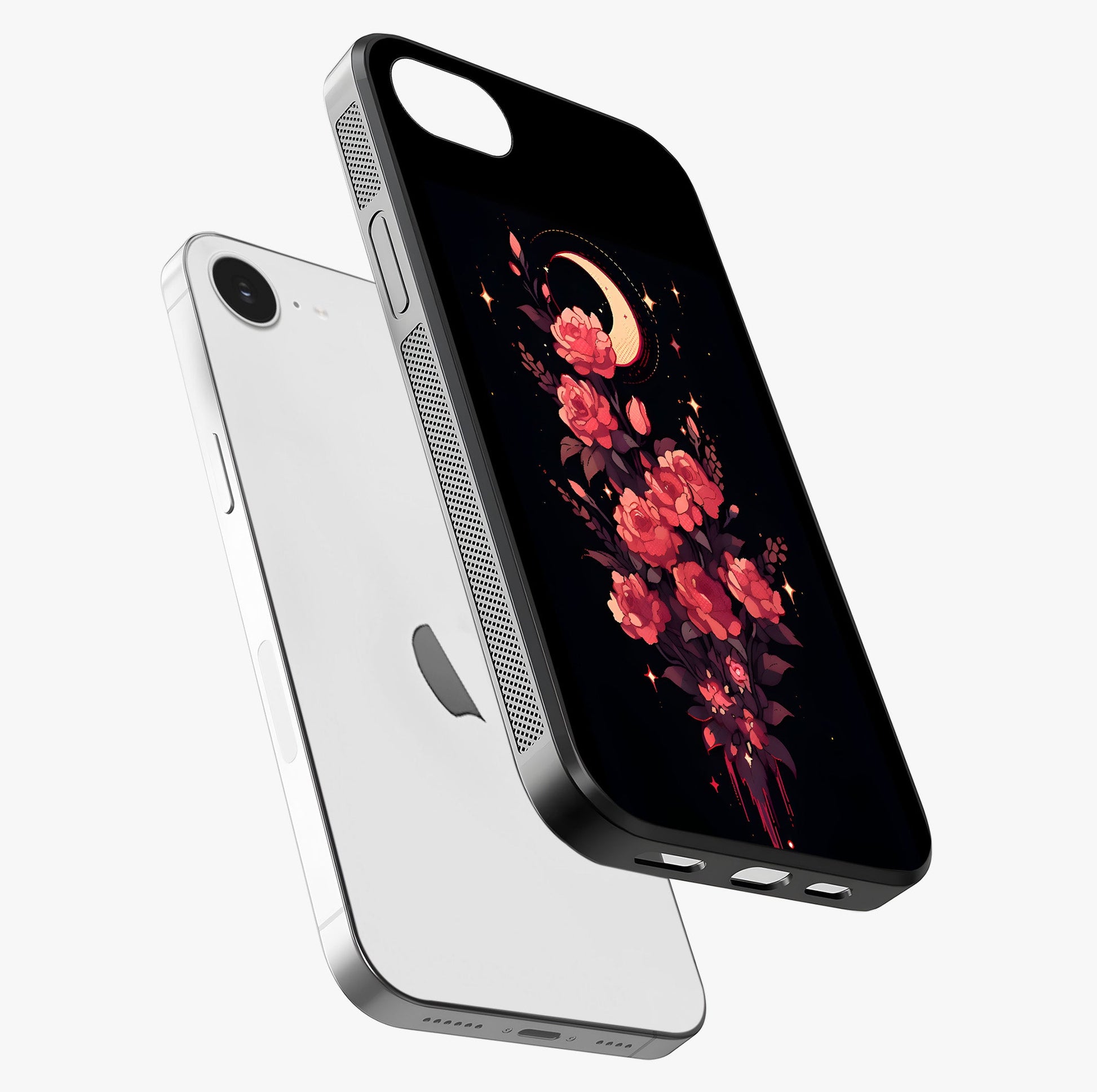 Moonlit Floral Elegance Glass Case laid diagonally highlighting side profile, edges and glossy glass shine.