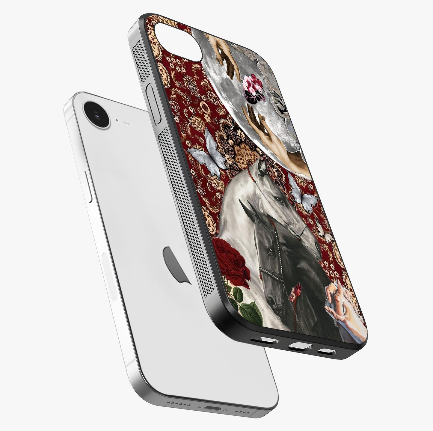 Moonlit Royal Stallion Glass Case laid diagonally highlighting side profile, edges and glossy glass shine.