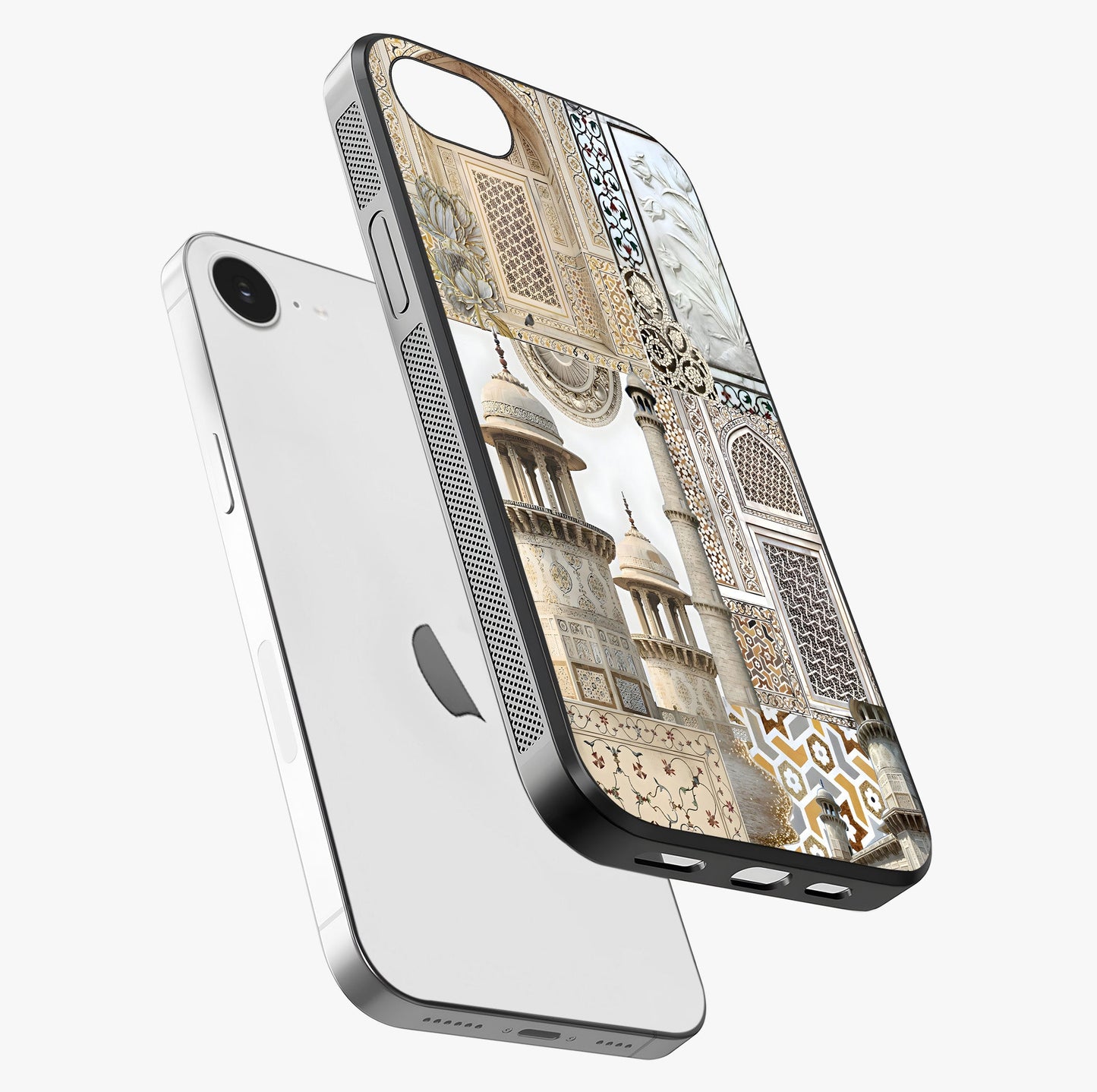 Mughal Marble Legacy Glass Case laid diagonally highlighting side profile, edges and glossy glass shine.