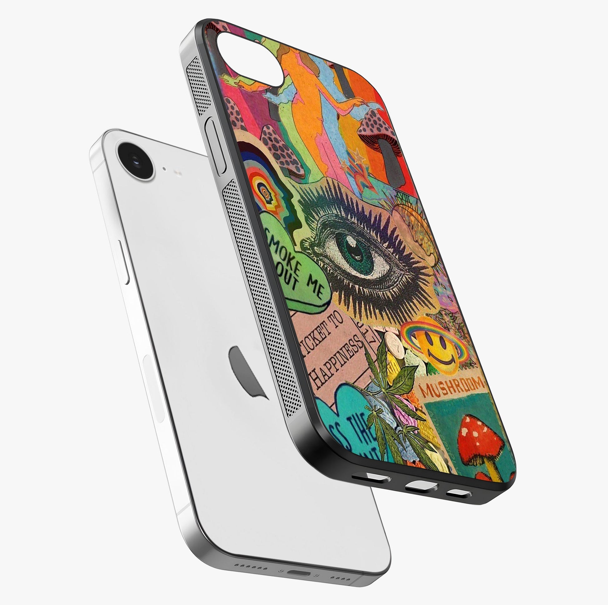 Mystic Eye Wonderland Glass Case laid diagonally highlighting side profile, edges and glossy glass shine.