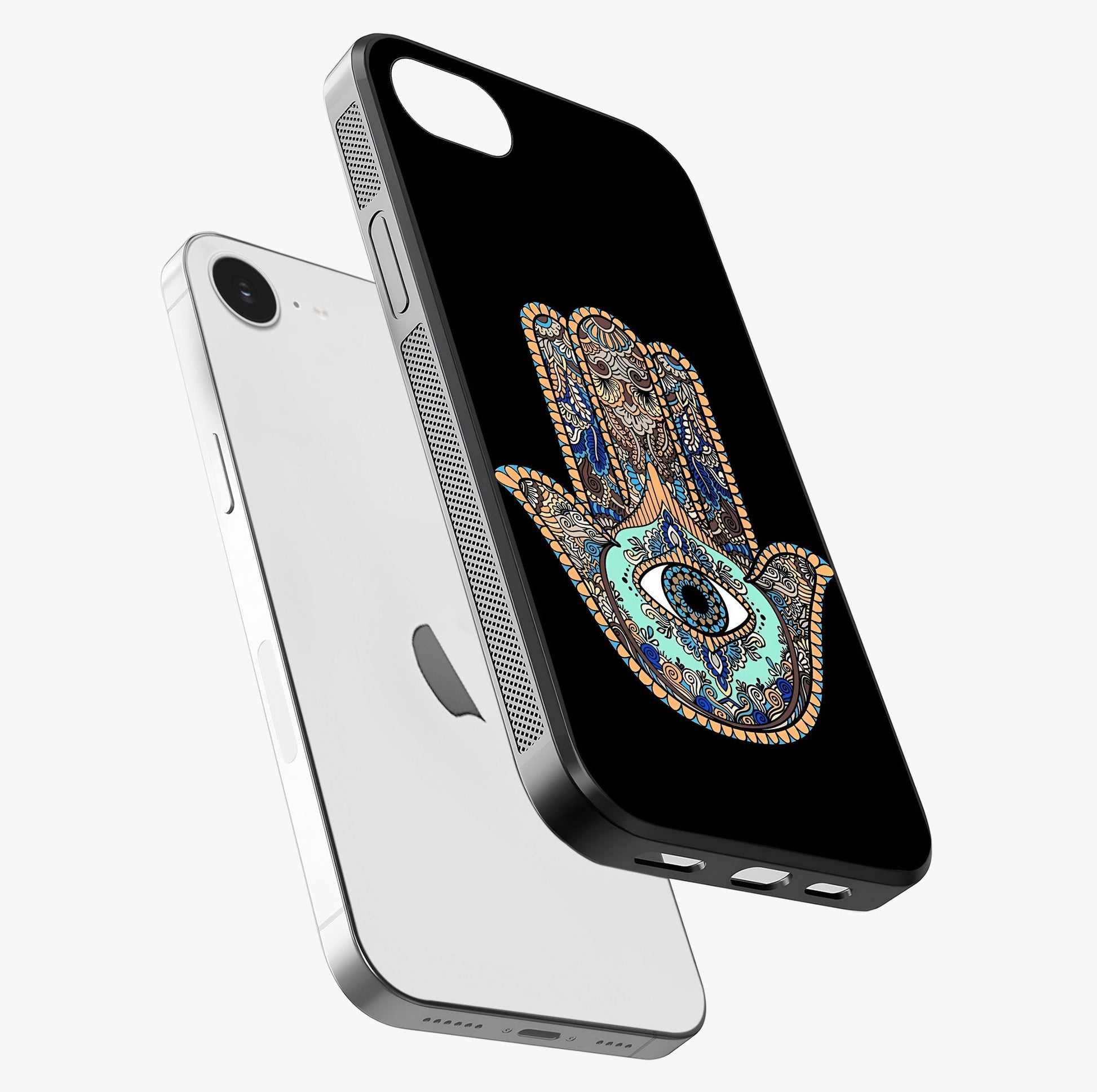 Mystic Hamsa Eye Glass Case laid diagonally highlighting side profile, edges and glossy glass shine.