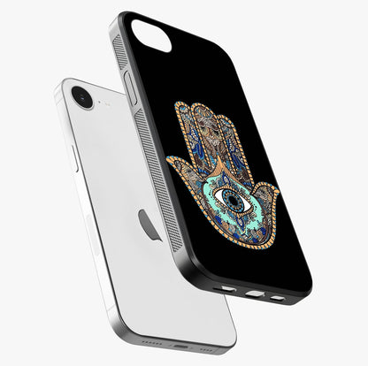 Mystic Hamsa Eye Glass Case laid diagonally highlighting side profile, edges and glossy glass shine.