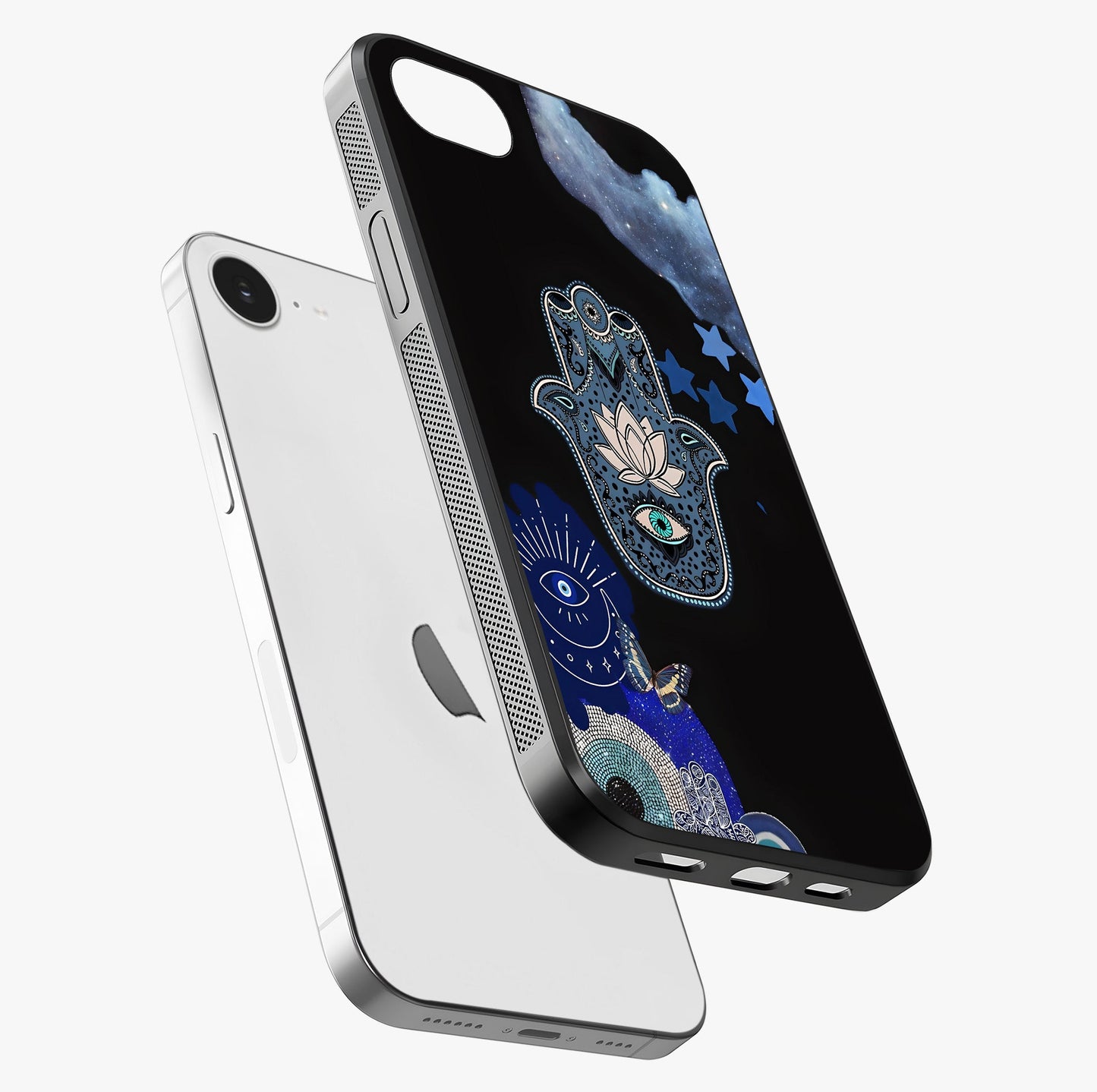 Mystic Hand Aura Glass Case laid diagonally highlighting side profile, edges and glossy glass shine.