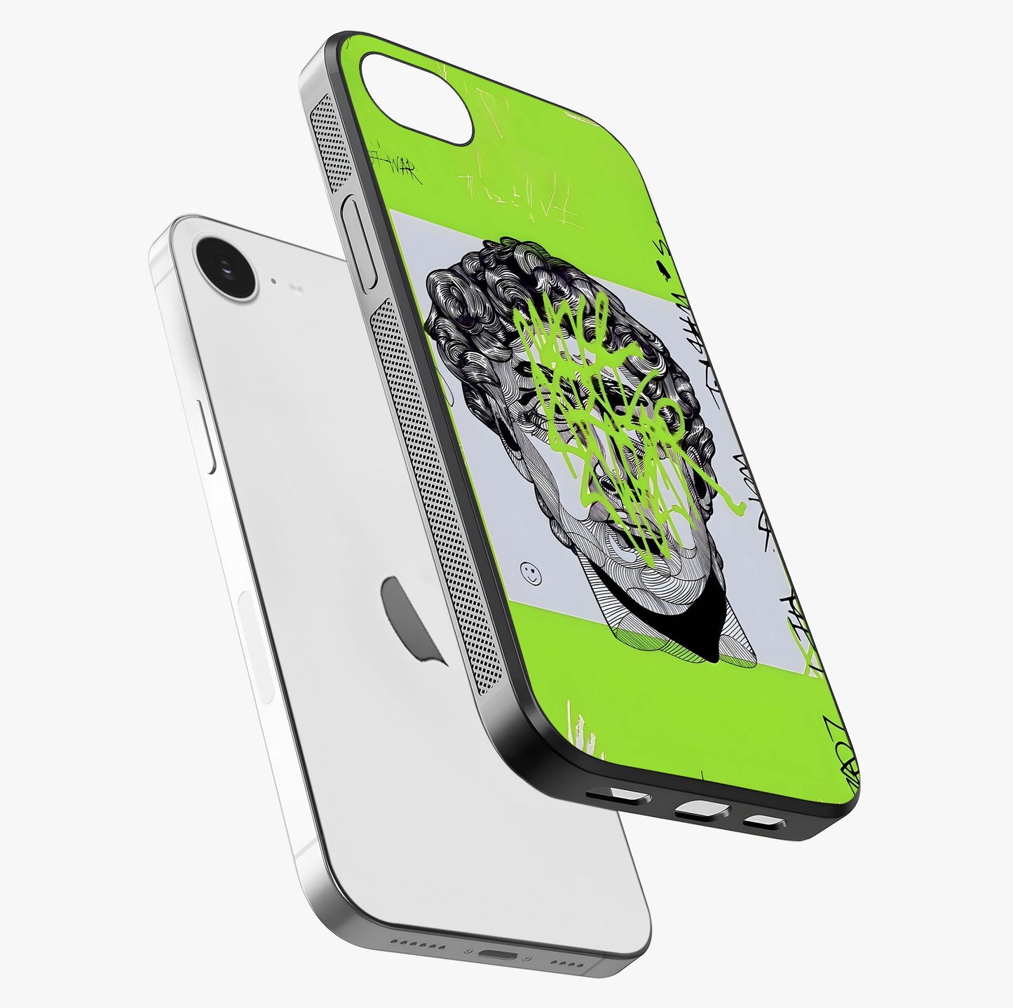 Neo Graffiti Rebellion Glass Case laid diagonally highlighting side profile, edges and glossy glass shine.