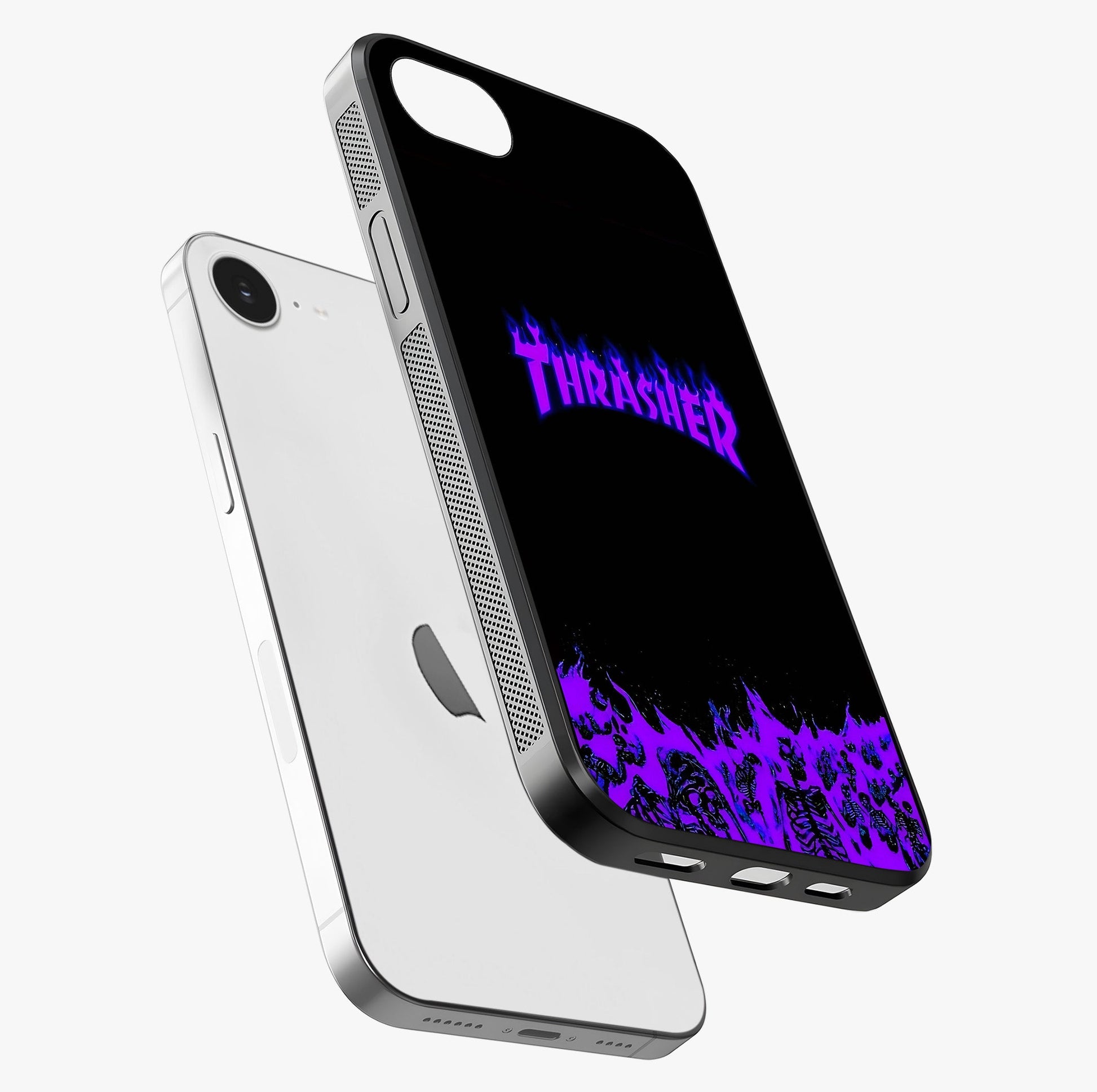 Neon Flame Riot Glass Case laid diagonally highlighting side profile, edges and glossy glass shine.