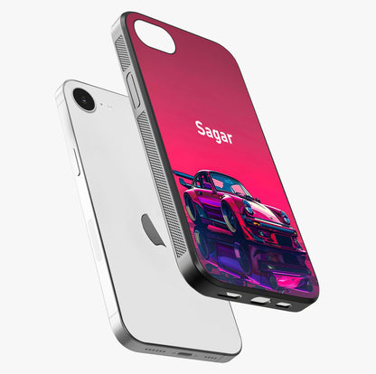 Neon Pink Porsche Glass Case laid diagonally highlighting side profile, edges and glossy glass shine.