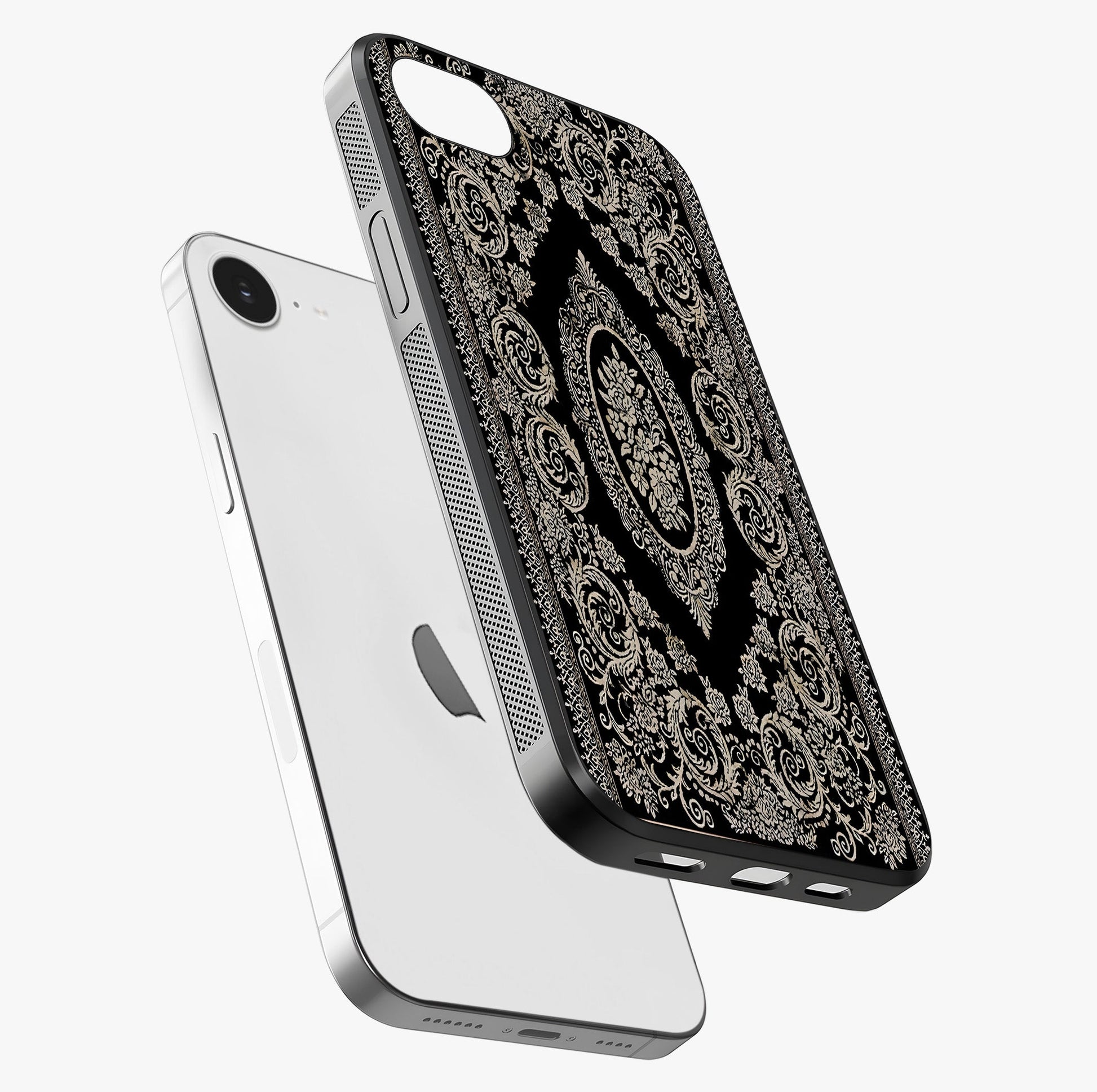 Noir Bloom Elegance Glass Case laid diagonally highlighting side profile, edges and glossy glass shine.