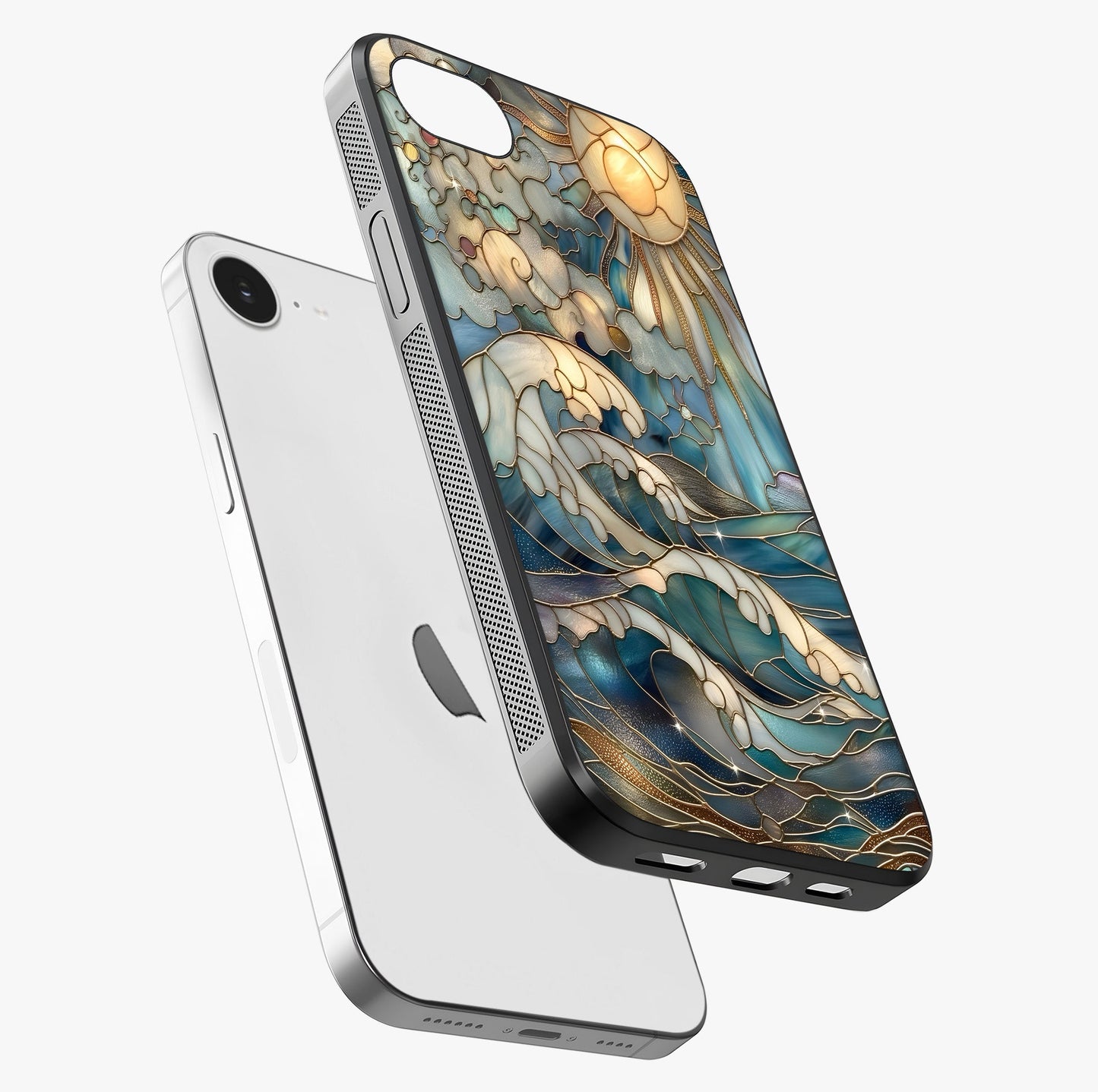 Oceanic Stained Printed Glass Case laid diagonally highlighting side profile, edges and glossy glass shine.