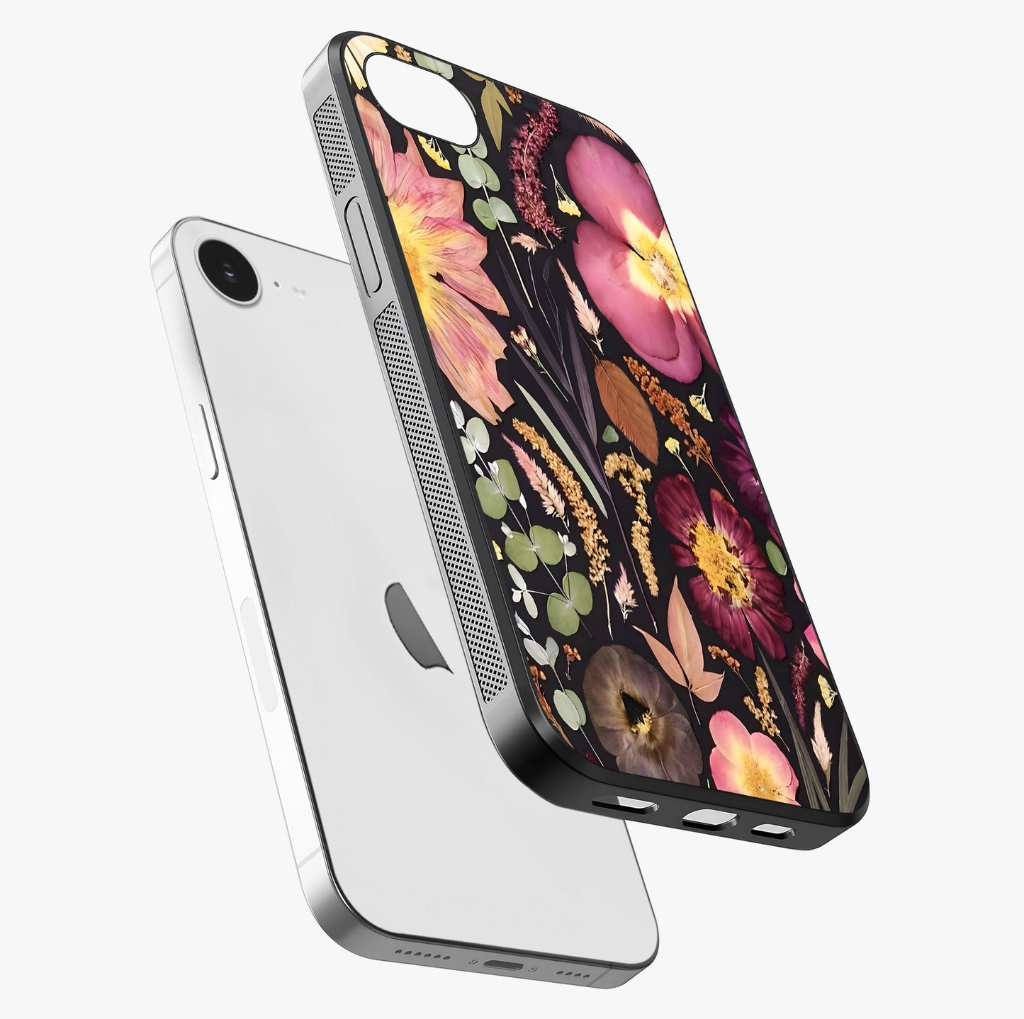 Petal Dream Tapestry Glass Case laid diagonally highlighting side profile, edges and glossy glass shine.