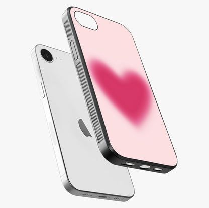 Pink Aura Heart Glass Case laid diagonally highlighting side profile, edges and glossy glass shine.