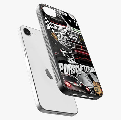 Porsche Racing Collage Glass Case laid diagonally highlighting side profile, edges and glossy glass shine.
