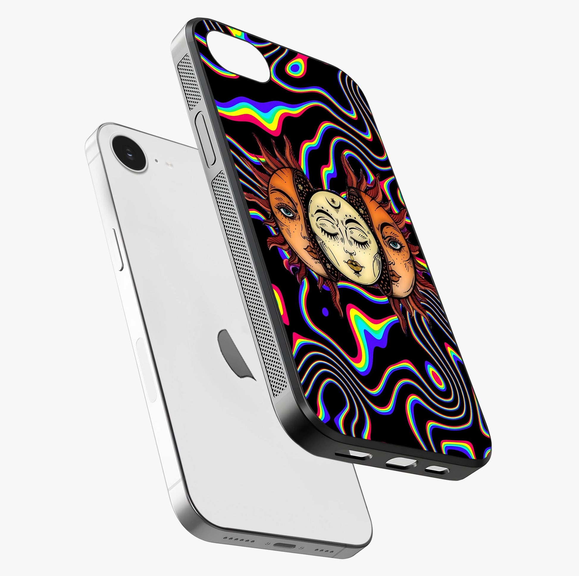 Psychedelic Sun Glass Case laid diagonally highlighting side profile, edges and glossy glass shine.