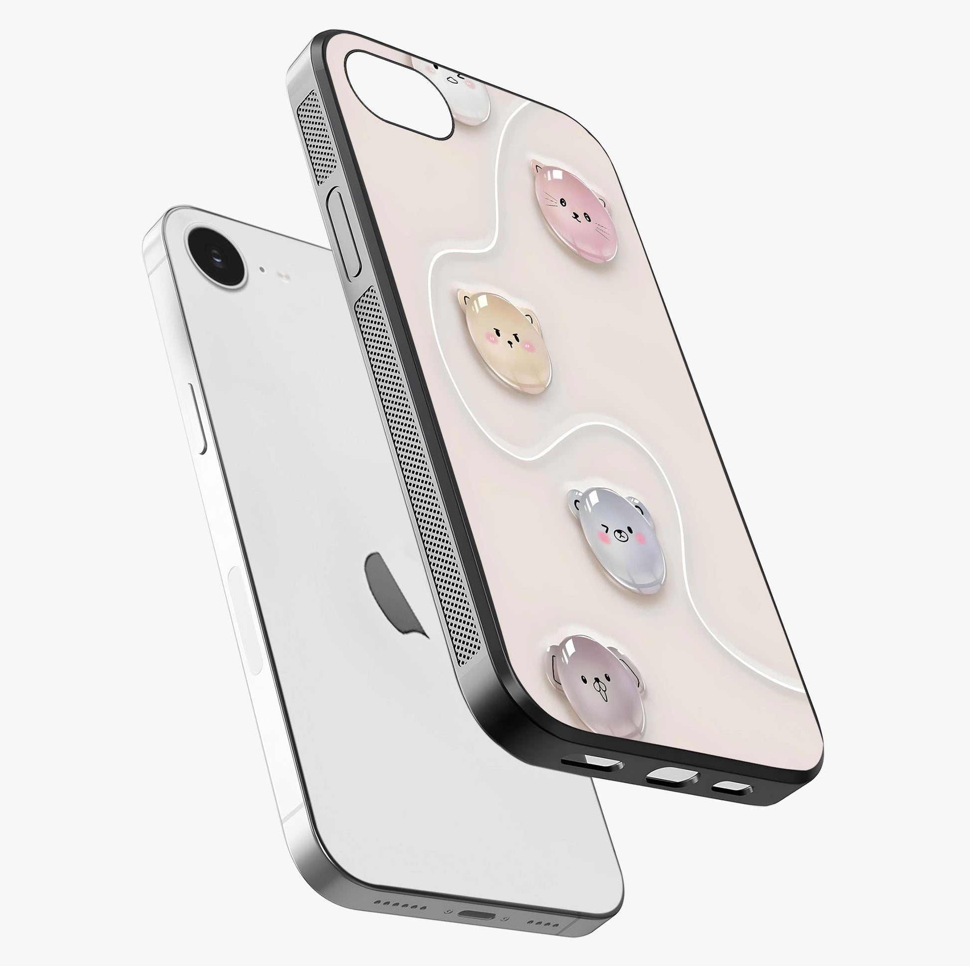 Puffy Face Parade Glass Case laid diagonally highlighting side profile, edges and glossy glass shine.