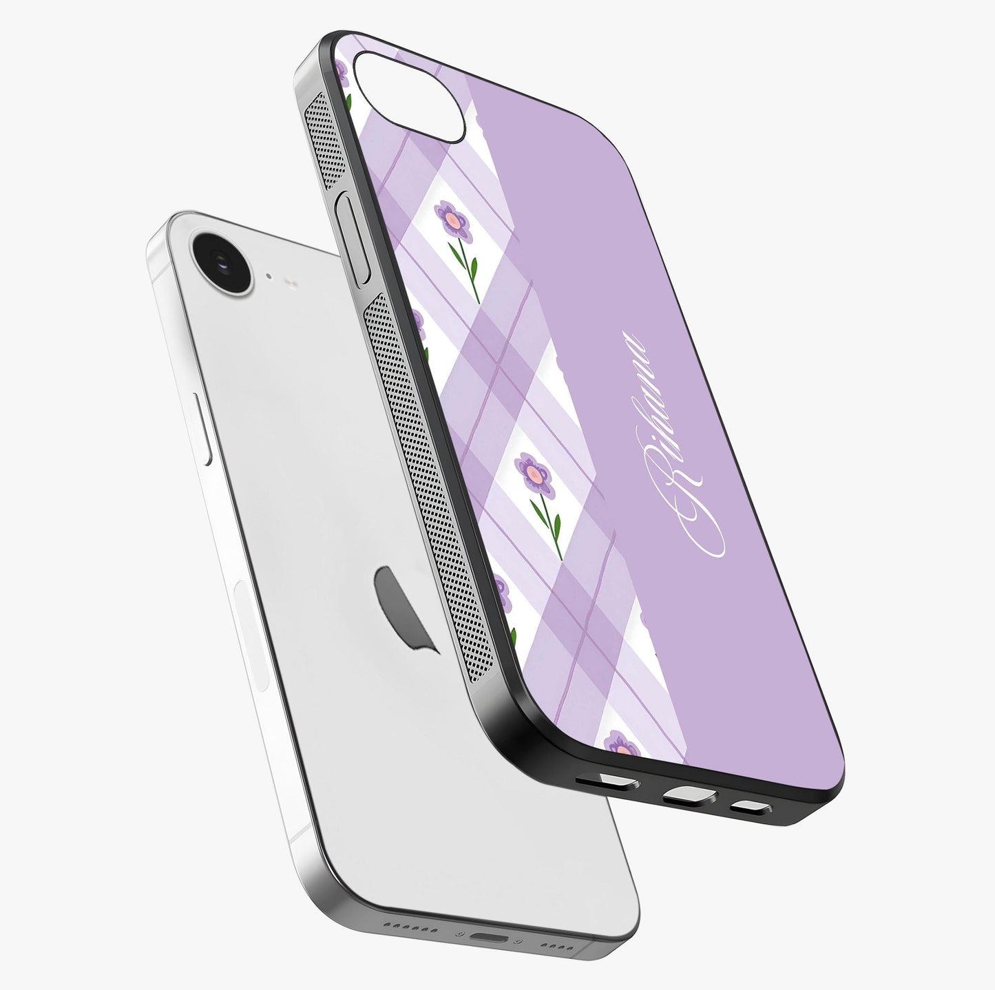 Purple Diamond Floral Glass Case laid diagonally highlighting side profile, edges and glossy glass shine.