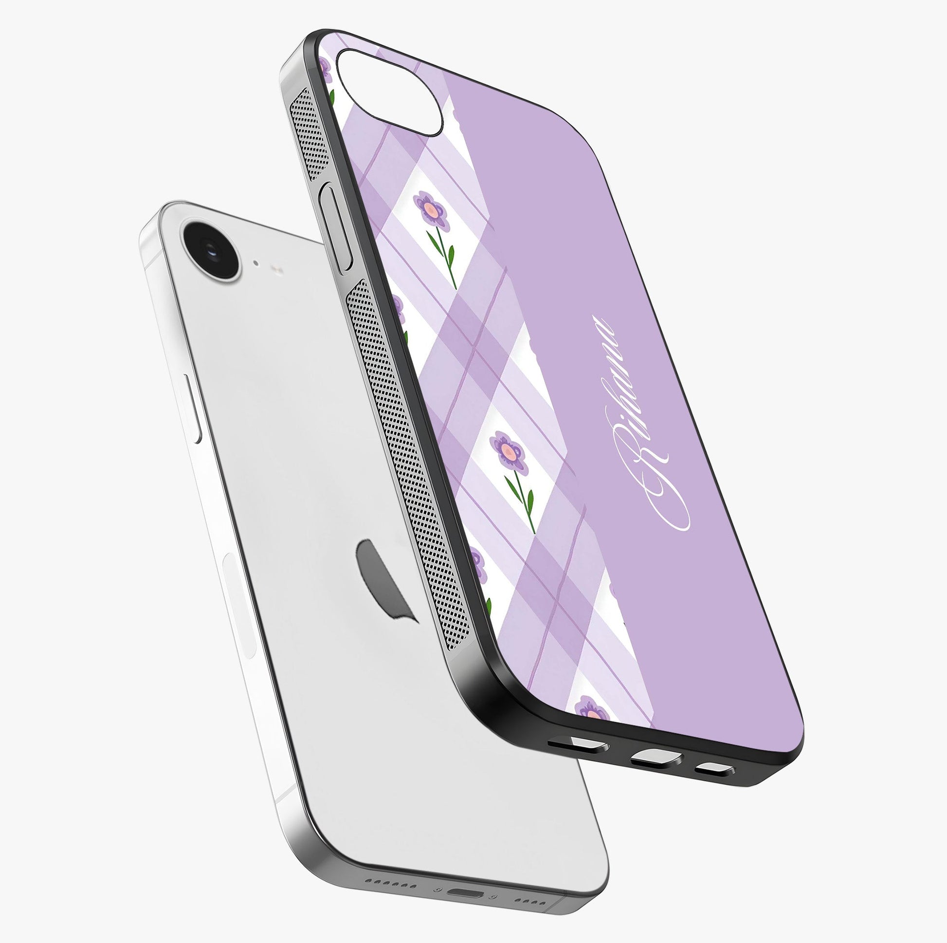Purple Diamond Floral Glass Case laid diagonally highlighting side profile, edges and glossy glass shine.