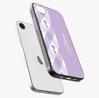 Purple Diamond Floral Glass Case laid diagonally highlighting side profile, edges and glossy glass shine.