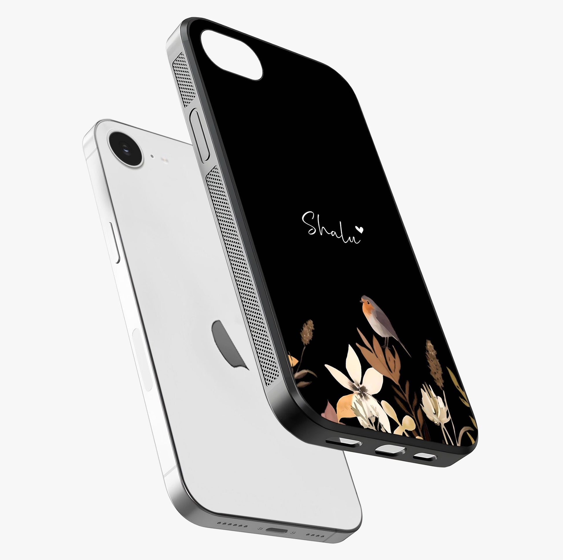 Quiet Garden Tune Custom Name Glass Case laid diagonally highlighting side profile, edges and glossy glass shine.