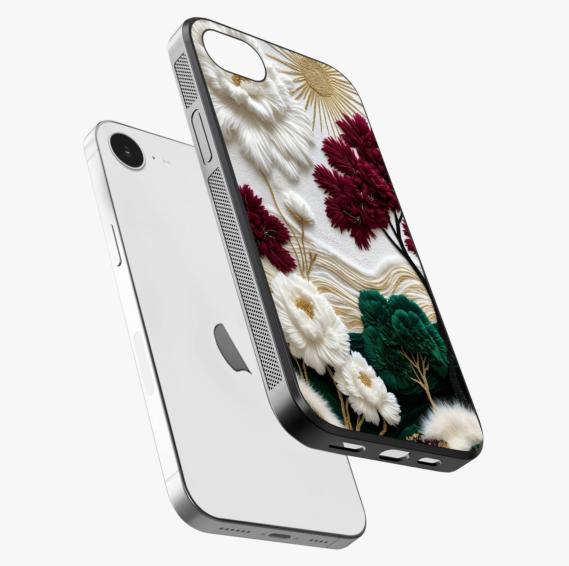 Radiant Bloom Elegance Glass Case laid diagonally highlighting side profile, edges and glossy glass shine.