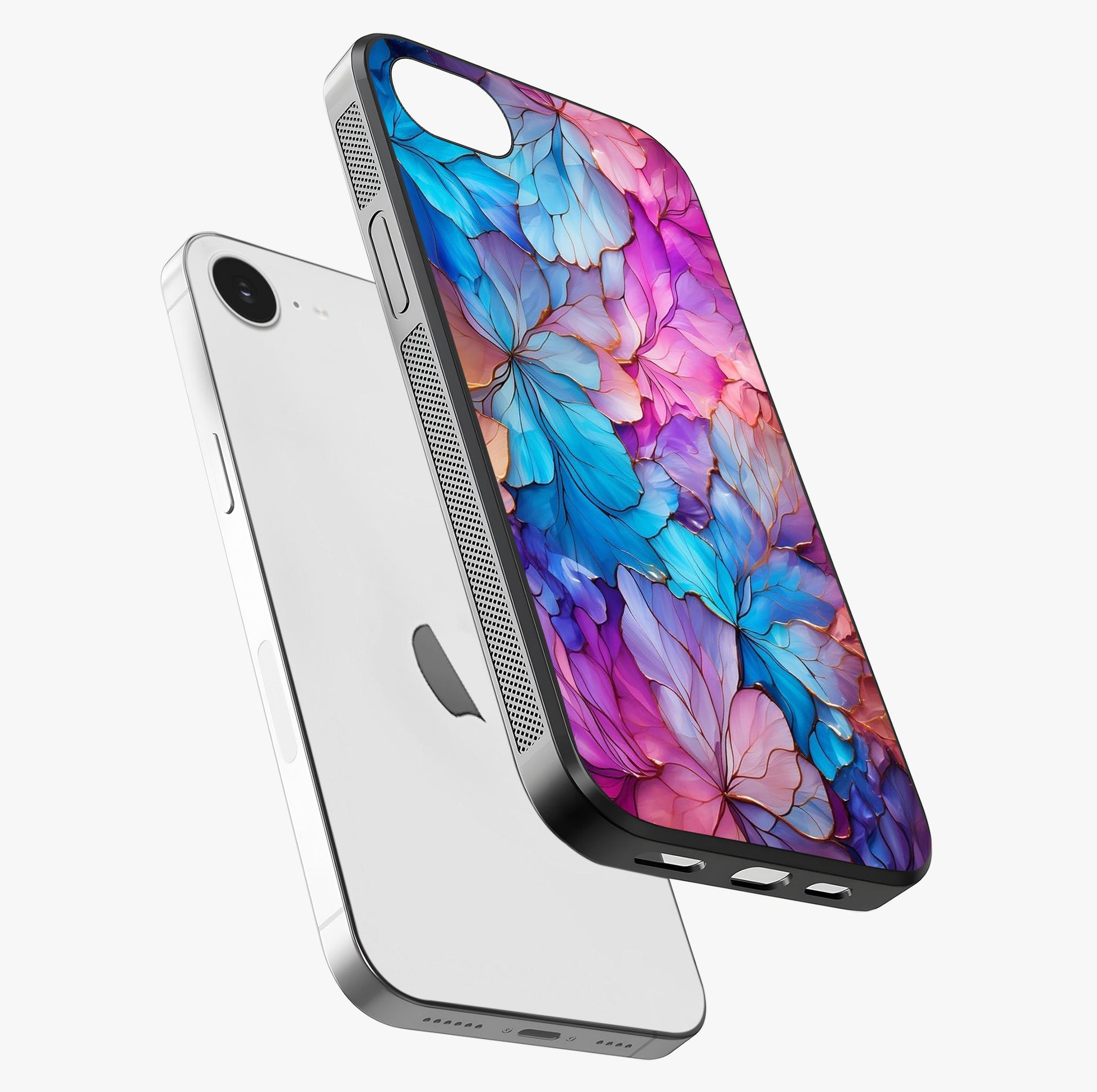 Radiant Floral Whirl Glass Case laid diagonally highlighting side profile, edges and glossy glass shine.