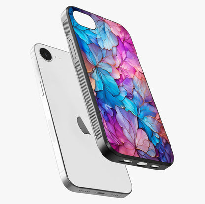 Radiant Floral Whirl Glass Case laid diagonally highlighting side profile, edges and glossy glass shine.
