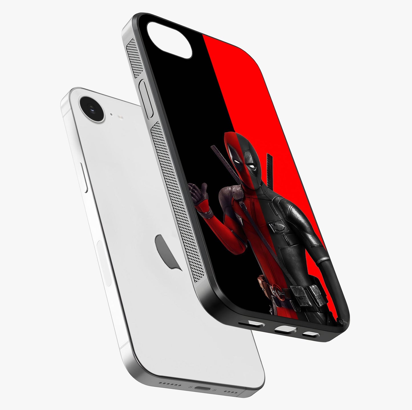 Red & Black Deadpool Theme Glass Case laid diagonally highlighting side profile, edges and glossy glass shine.